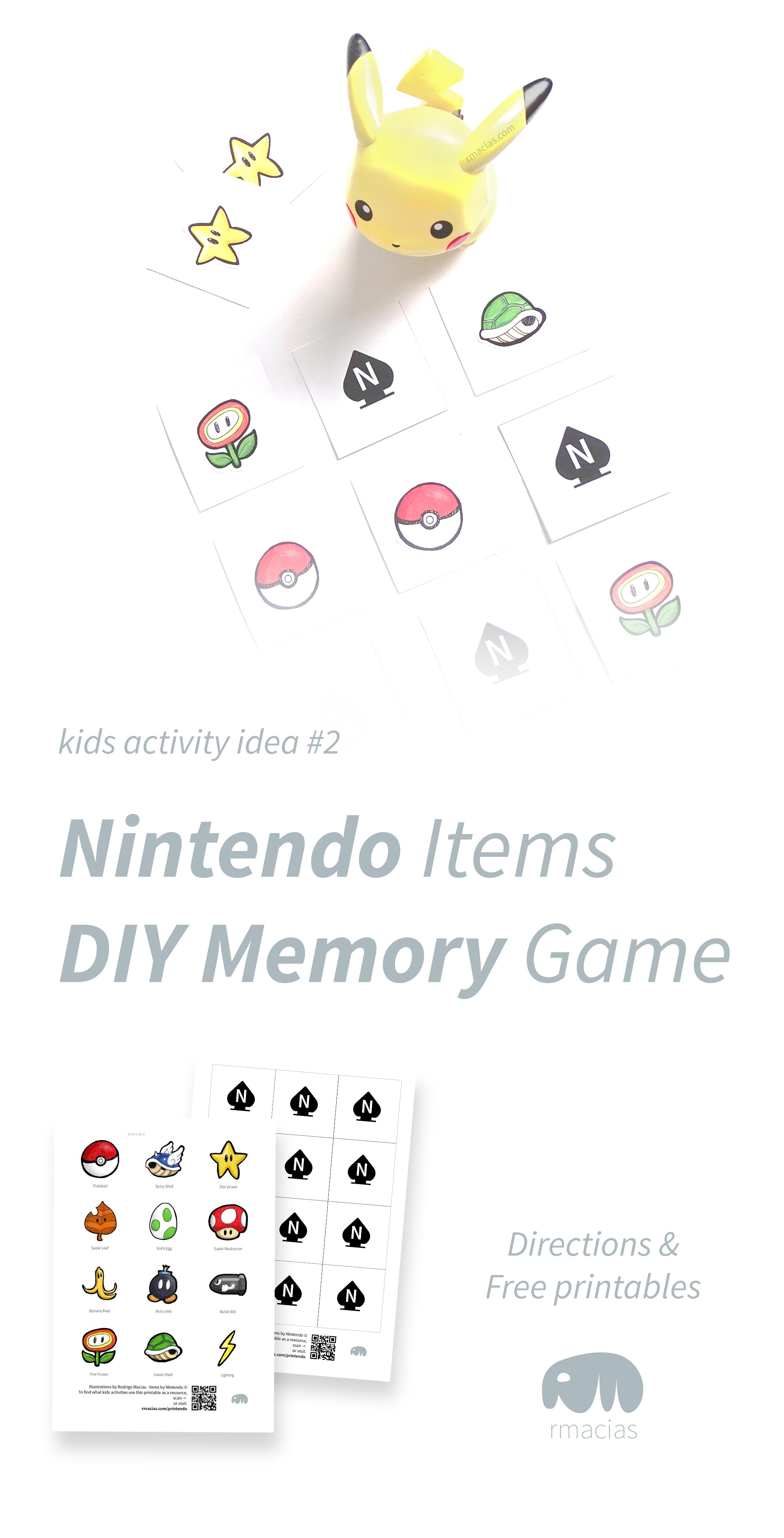 DIY Nintendo memory game with print-ready illustrations of hand-drawn items. Free printable and how-to directions. By Kids Activities Designer Rodrigo Macias.