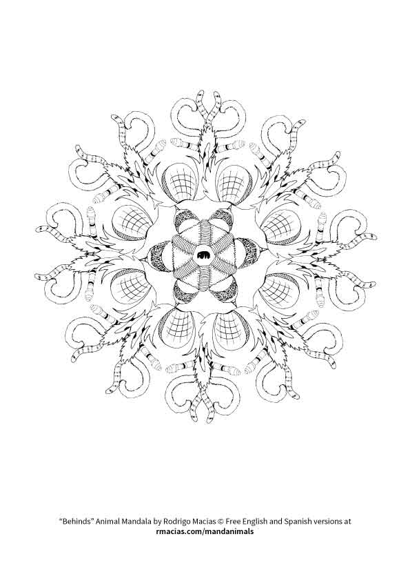 animal mandala that can be used as a coloring language activity so children can practice vocabulary of animal names in English, French and Spanish, by matching those names with the animal body parts that form each design. By kids activities designer Rodrigo Macias