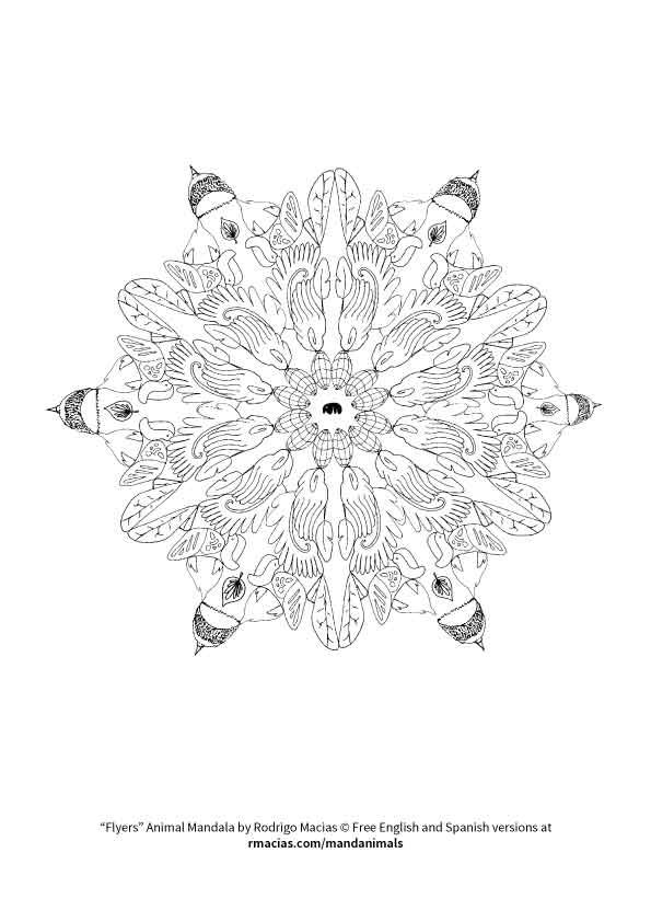 animal mandala that can be used as a coloring language activity so children can practice vocabulary of animal names in English, French and Spanish, by matching those names with the animal body parts that form each design. By kids activities designer Rodrigo Macias