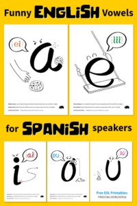 Free ESL printable: English vowel names for Spanish-speaking kids