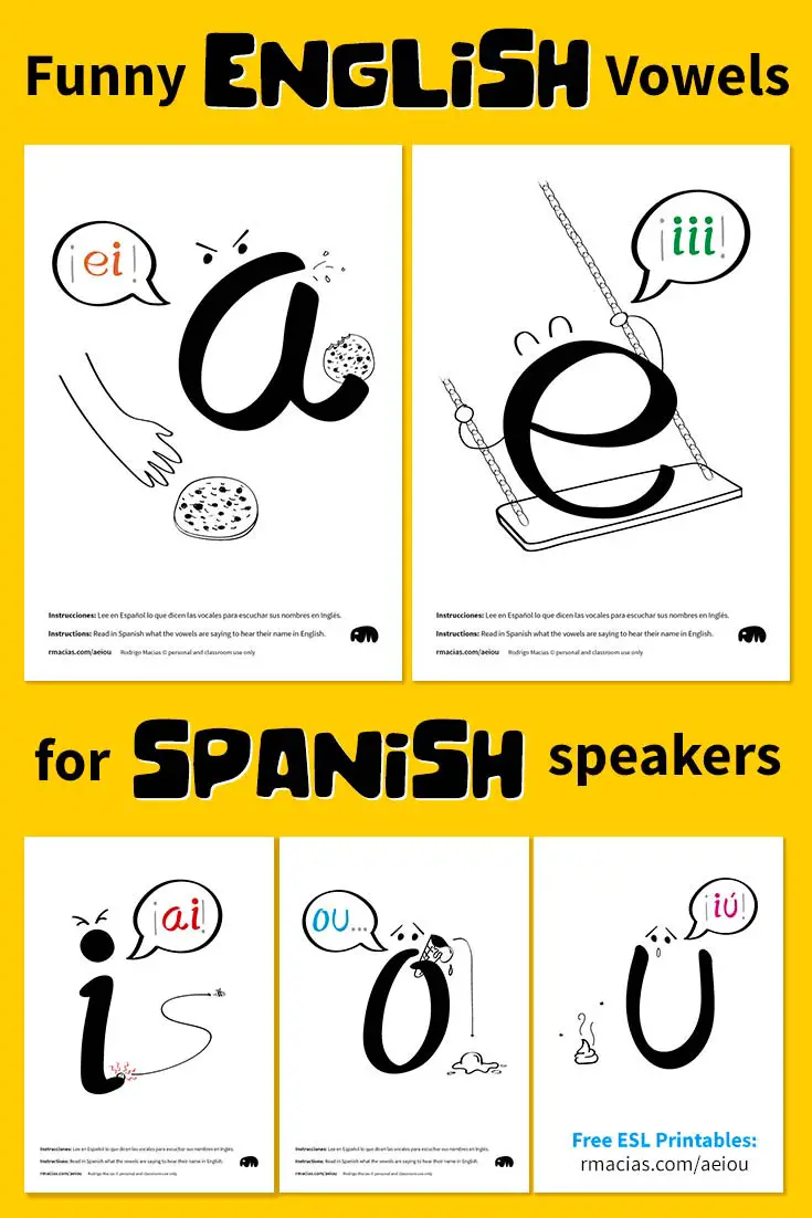Free ESL Posters and Flashcards - Funny vowels illustrations for teaching in a humorous way English vowels names to Spanish-speakers, using expressions that are already familiar to Spanish-speaking students
