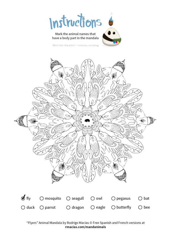 animal mandala that can be used as a coloring language activity so children can practice vocabulary of animal names in English, French and Spanish, by matching those names with the animal body parts that form each design. By kids activities designer Rodrigo Macias