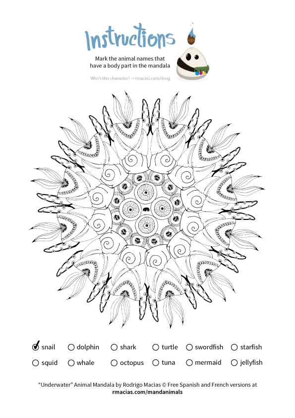 animal mandala that can be used as a coloring language activity so children can practice vocabulary of animal names in English, French and Spanish, by matching those names with the animal body parts that form each design. By kids activities designer Rodrigo Macias