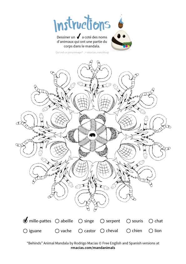 animal mandala that can be used as a coloring language activity so children can practice vocabulary of animal names in English, French and Spanish, by matching those names with the animal body parts that form each design. By kids activities designer Rodrigo Macias