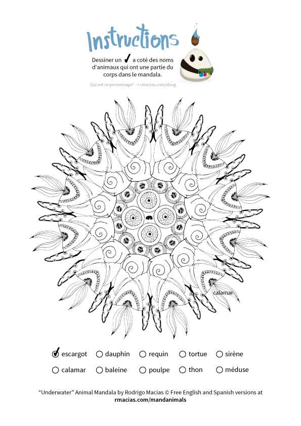 animal mandala that can be used as a coloring language activity so children can practice vocabulary of animal names in English, French and Spanish, by matching those names with the animal body parts that form each design. By kids activities designer Rodrigo Macias