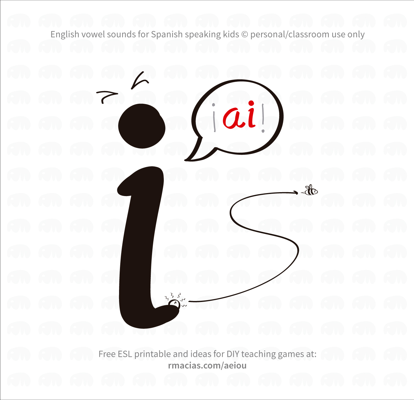 Funny vowels illustrations for teaching in a humorous way English vowels names to Spanish-speakers, using expressions that are already familiar to Spanish-speaking students. I made them using the Spanish from LatinAmerica - Mexico ?? A - ¡ei! (letter "a" is yelling at someone that wants to steal a cookie) E - ¡iii! (letter "e" is playing on a swing) I - ¡ai! (letter "I" is getting stung by a bee) O - ou (letter "o" has dropped its ice cream on the floor) U - iu (letter "u" is disgusted by a poo on the floor)