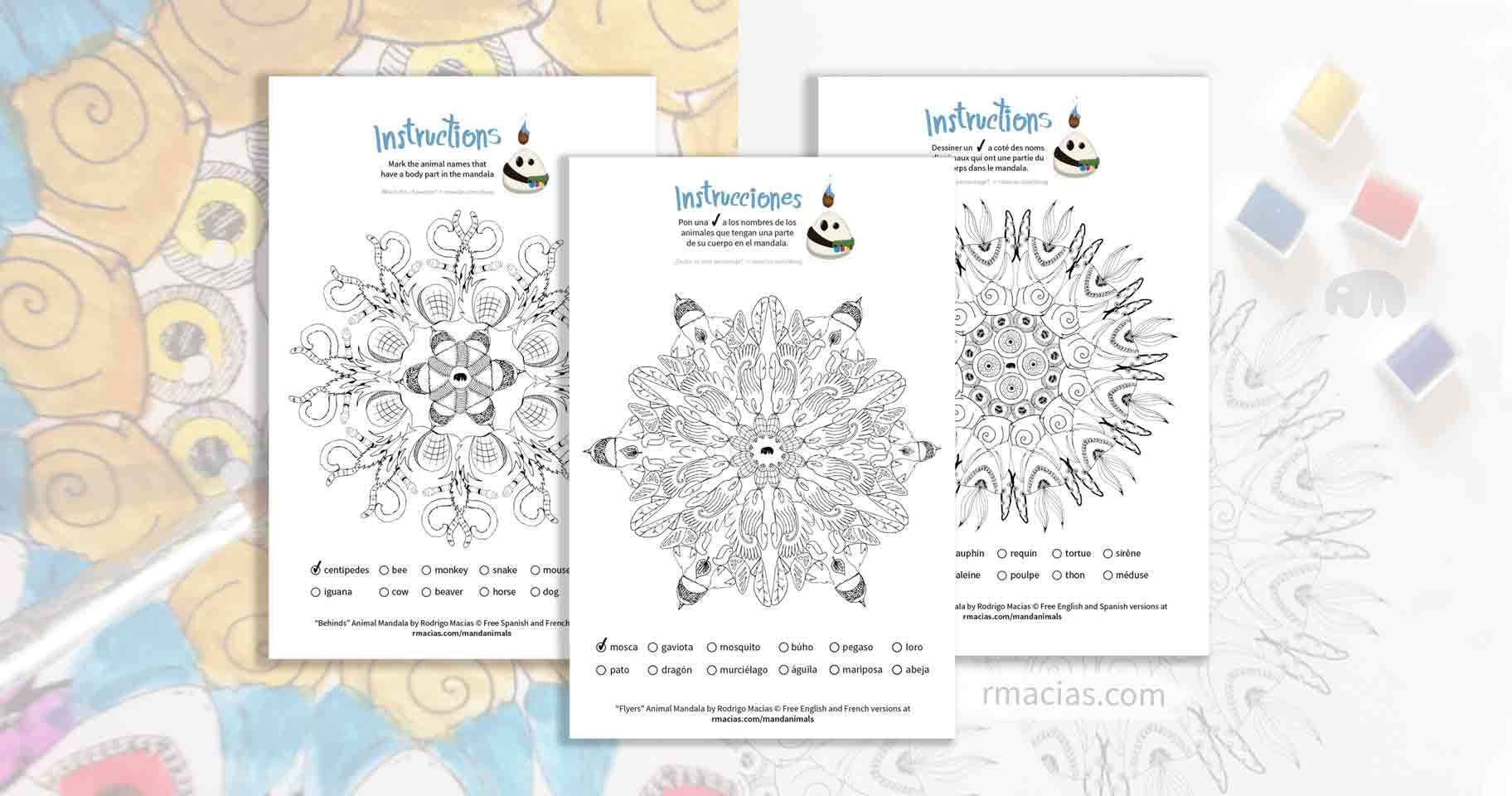 Coloring activity of animal mandalas that can be used as a coloring language activity so children can practice vocabulary of animal names in English, French and Spanish, by matching those names with the animal body parts that form each design. By kids activities designer Rodrigo Macias