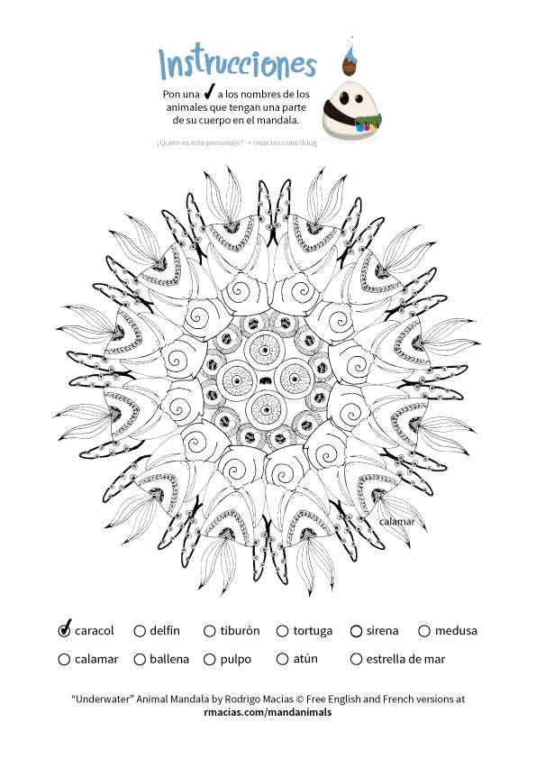 animal mandala that can be used as a coloring language activity so children can practice vocabulary of animal names in English, French and Spanish, by matching those names with the animal body parts that form each design. By kids activities designer Rodrigo Macias