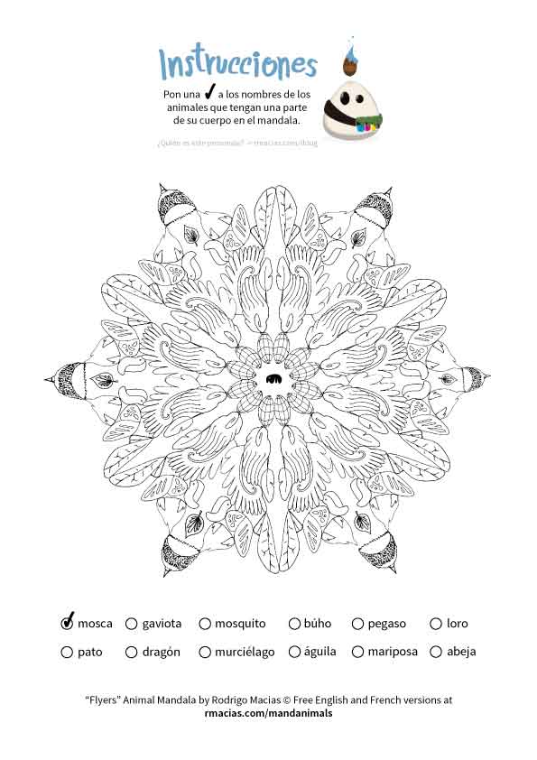 animal mandala that can be used as a coloring language activity so children can practice vocabulary of animal names in English, French and Spanish, by matching those names with the animal body parts that form each design. By kids activities designer Rodrigo Macias