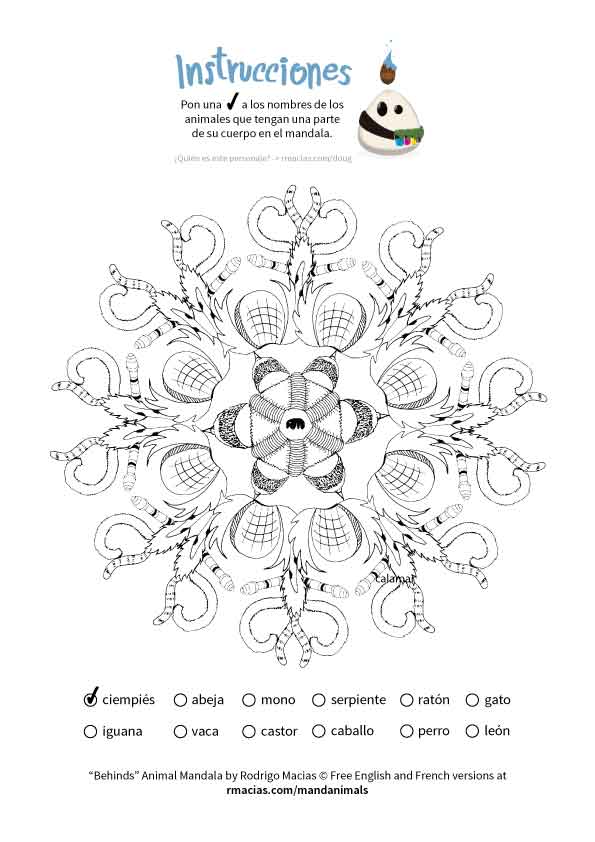 animal mandala that can be used as a coloring language activity so children can practice vocabulary of animal names in English, French and Spanish, by matching those names with the animal body parts that form each design. By kids activities designer Rodrigo Macias