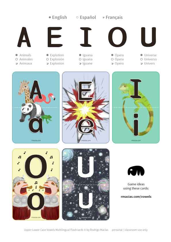 Preschool level kids that speak either English, Spanish or French can use these as a fun learning practice for upper and lower case alphabet vowels. If your kid is bilingual, then you might find them ultra useful :) by kids activities designer Rodrigo Macias