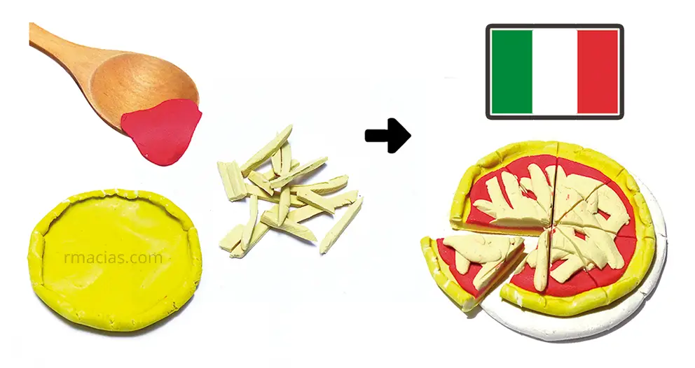 Miniature dough Italian Pizza that was made to go on a free printable Menu of International Foods made with clay or a similar material. It comes with an International paper Chef's hat printable as well. They are both part of a Montessori culinary activity By Kids activities designer Rodrigo Macias