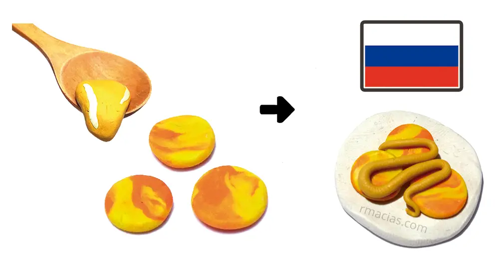 Miniature dough Russian Syrniki that was made to go on a free printable Menu of International Foods made with clay or a similar material. It comes with an International paper Chef's hat printable as well. They are both part of a Montessori culinary activity By Kids activities designer Rodrigo Macias