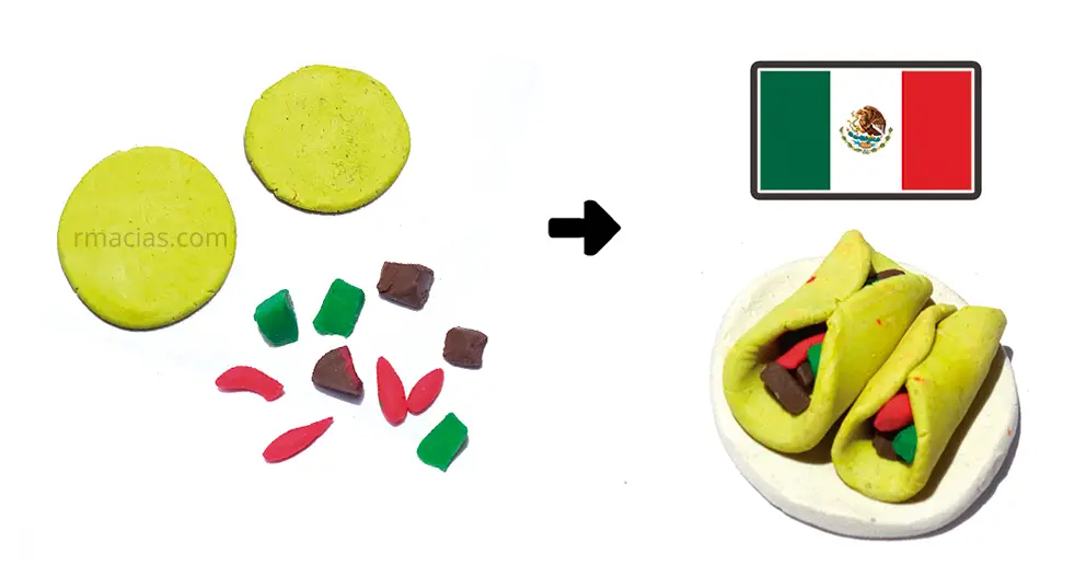Miniature dough Mexican Tacos that were made to go on a free printable Menu of International Foods made with clay or a similar material. It comes with an International paper Chef's hat printable as well. They are both part of a Montessori culinary activity By Kids activities designer Rodrigo Macias