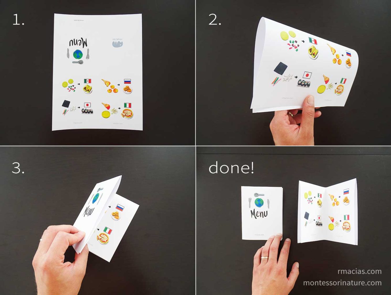 How to fold the International Foods Menu Guide for montessori culinary activity: International Kid Chef by Kids Activities Designer Rodrigo Macias