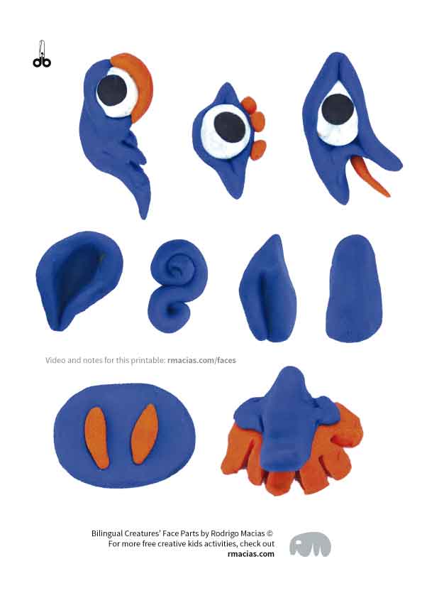 Cut-outs for free printable : "Bilingual Creatures' Face Parts" by kids activities designer Rodrigo Macias