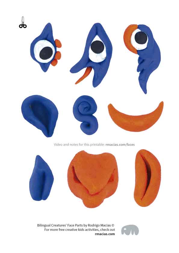 Cut-outs for free printable : "Bilingual Creatures' Face Parts" by kids activities designer Rodrigo Macias