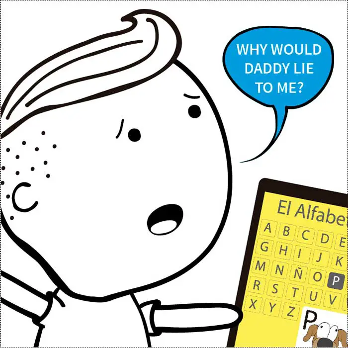 A comic strip describing a regular problem parents face when raising multilingual children where the bilingual kids get confused using monolingual alphabets to learn how to read and write.