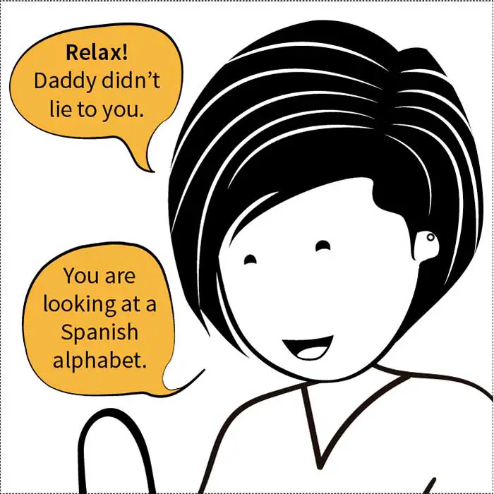 A comic strip describing a regular problem parents face when raising multilingual children where the bilingual kids get confused using monolingual alphabets to learn how to read and write.