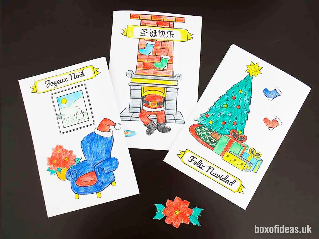 Finished examples of a DIY Christmas card project for kids