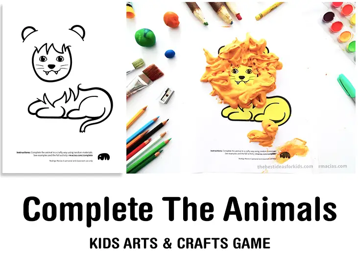 Complete The Animals Game - Fun idea for an Arts and Crafts game where kids exercise their creativity and problem-solving skills by coming up with different ways to complete the bodies of different animals. Free PDF has the base drawings for printable for the following animals: Lion, Bird, Cat, Turtle, Snake, Fish, Butterfly and Sheep.