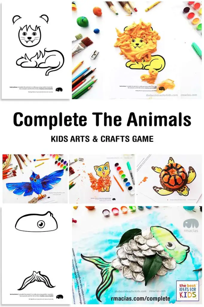 Complete The Animals Game - Fun idea for an Arts and Crafts game where kids exercise their creativity and problem-solving skills by coming up with different ways to complete the bodies of different animals. Free PDF has the base drawings for printable for the following animals: Lion, Bird, Cat, Turtle, Snake, Fish, Butterfly and Sheep.
