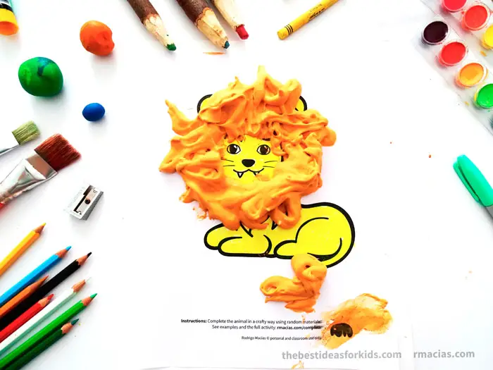 Art supplies and Lion from Complete The Animals Game - Fun idea for an Arts and Crafts game where kids exercise their creativity and problem-solving skills by coming up with different ways to complete the bodies of different animals. Free PDF has the base drawings for printable for the following animals: Lion, Bird, Cat, Turtle, Snake, Fish, Butterfly and Sheep.