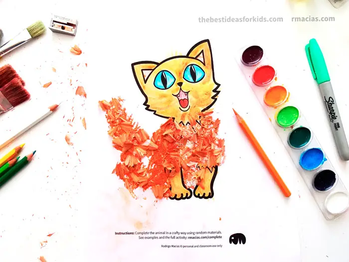 Art supplies and cat from Complete The Animals Game - Fun idea for an Arts and Crafts game where kids exercise their creativity and problem-solving skills by coming up with different ways to complete the bodies of different animals. Free PDF has the base drawings for printable for the following animals: Lion, Bird, Cat, Turtle, Snake, Fish, Butterfly and Sheep.