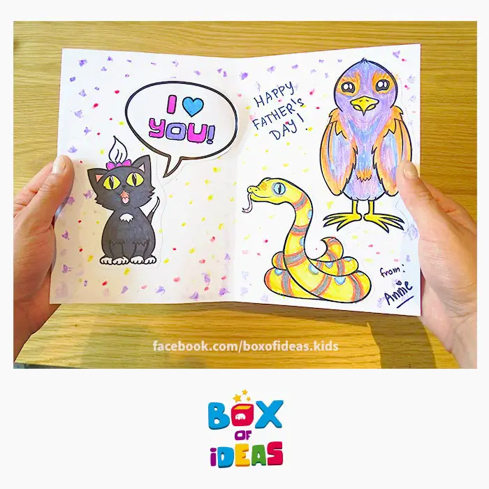 animal-daddies-bird-snake-black-kitty-cat-girl-illustrated-guess-what-bilingual-card-for-Inclusive-Modern-DIY-Fathers-Day-Gift-by-box-of-ideas