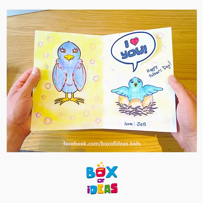 mommy-bird-and-baby-birds-in-nest-illustrated-guess-what-bilingual-card-for-Inclusive-Modern-DIY-Fathers-Day-Gift-by-box-of-ideas