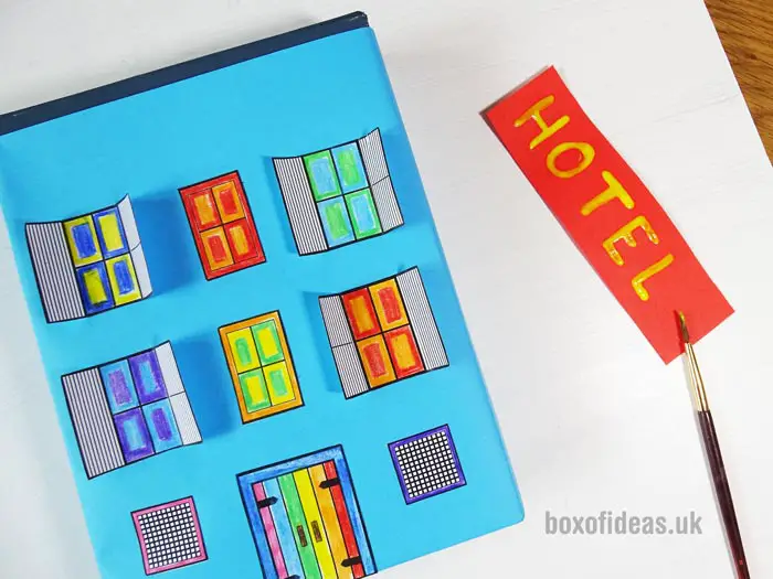 Colourful Hotel for a recycled town project. A fun DIY kids craft toy made out of recycling #cardboardcraft