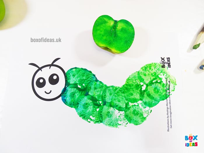 Green Stamped Caterpillar Worm for Bugs and Nature Simple Stamping Art activity for Preschool Kids using Apples. #preschool #crafts #apples #stamped