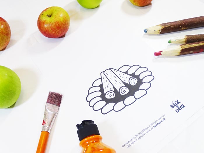 Printable campfire Coloring Page for Bugs and Nature Simple Stamping Art activity for Preschool Kids using Apples. #preschool #crafts #apples