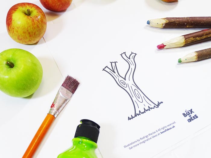 Printable Tree Coloring Page for Bugs and Nature Simple Stamping Art activity for Preschool Kids using Apples. #preschool #crafts #apples