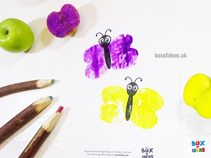 Purple and Yellow Stamped Butterflies for Bugs and Nature Simple Stamping Art activity for Preschool Kids using Apples. #preschool #crafts #apples #stamped