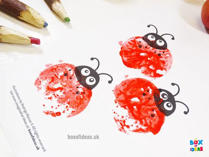 Example Stamped Ladybugs for Bugs and Nature Simple Stamping Art activity for Preschool Kids using Apples. #preschool #crafts #apples #stamped