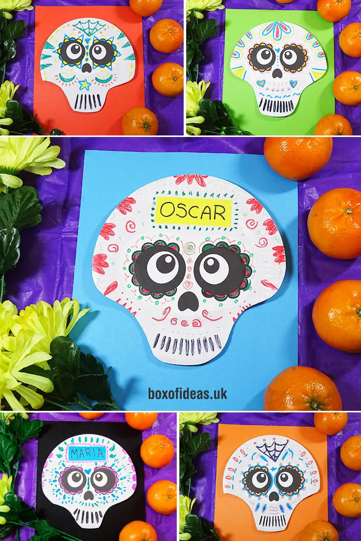 Paper Plate Mexican skulls to make with kids for Day of the Dead at school #dayofthedead #paperplate #craft #halloween