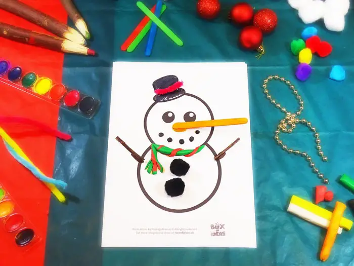 Snowman Craft using different materials to complete the picture #christmas #craft #kids