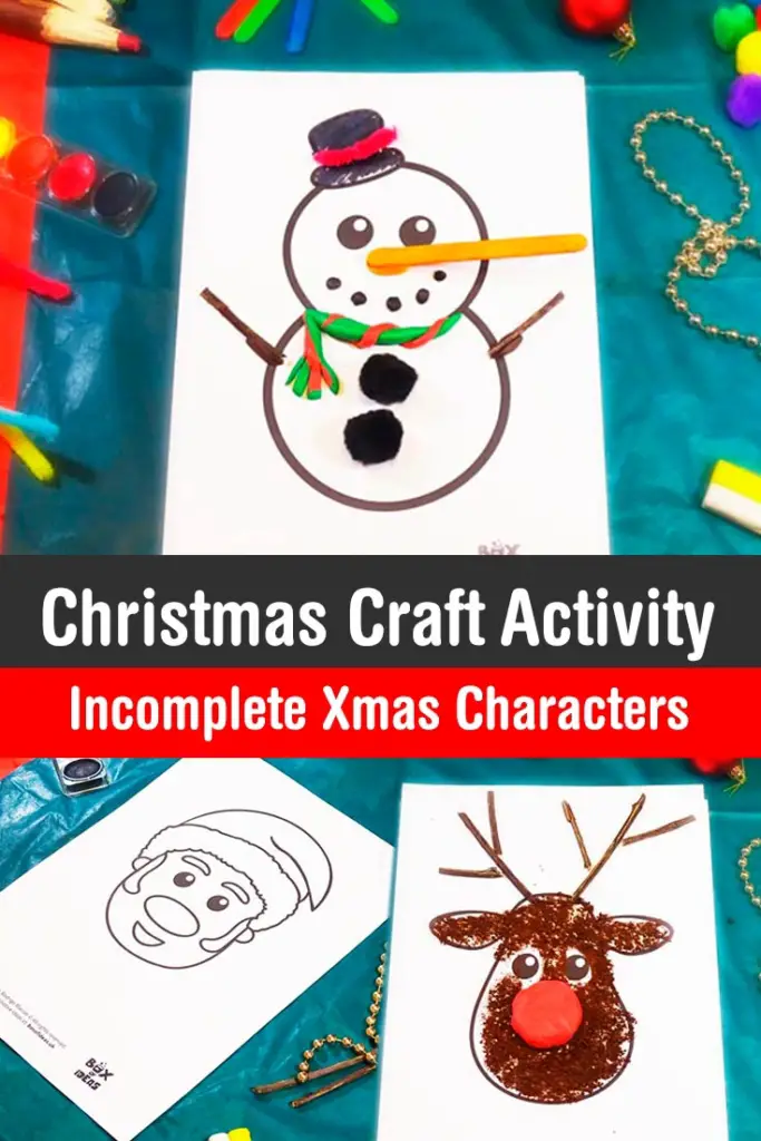 Craft using different materials to complete the pictures of three popular Christmas characters: Santa Claus, Rudolph, and a Snowman! #christmas #craft #kids
