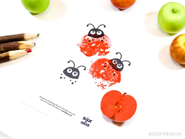 Stamped Ladybirds for Bugs and Nature Simple Stamping Art activity for Preschool Kids using Apples. #preschool #crafts #apples #stamped