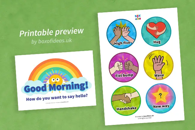 Printable preview of morning greetings choices signs for Kindergarten students.Preschooler pointing at morning greetings choices signs for Kindergarten students.