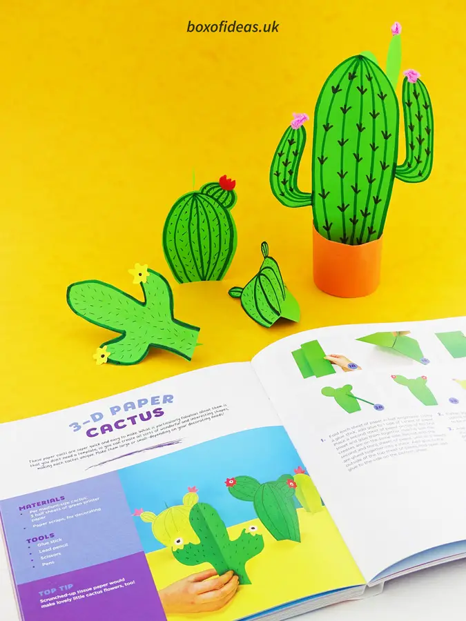 Simple 3-d cactus craft next to the book 60 easy paper projects #papercraft #kidscraft #craftsforkids #cactus #easycrafts #boxofideas