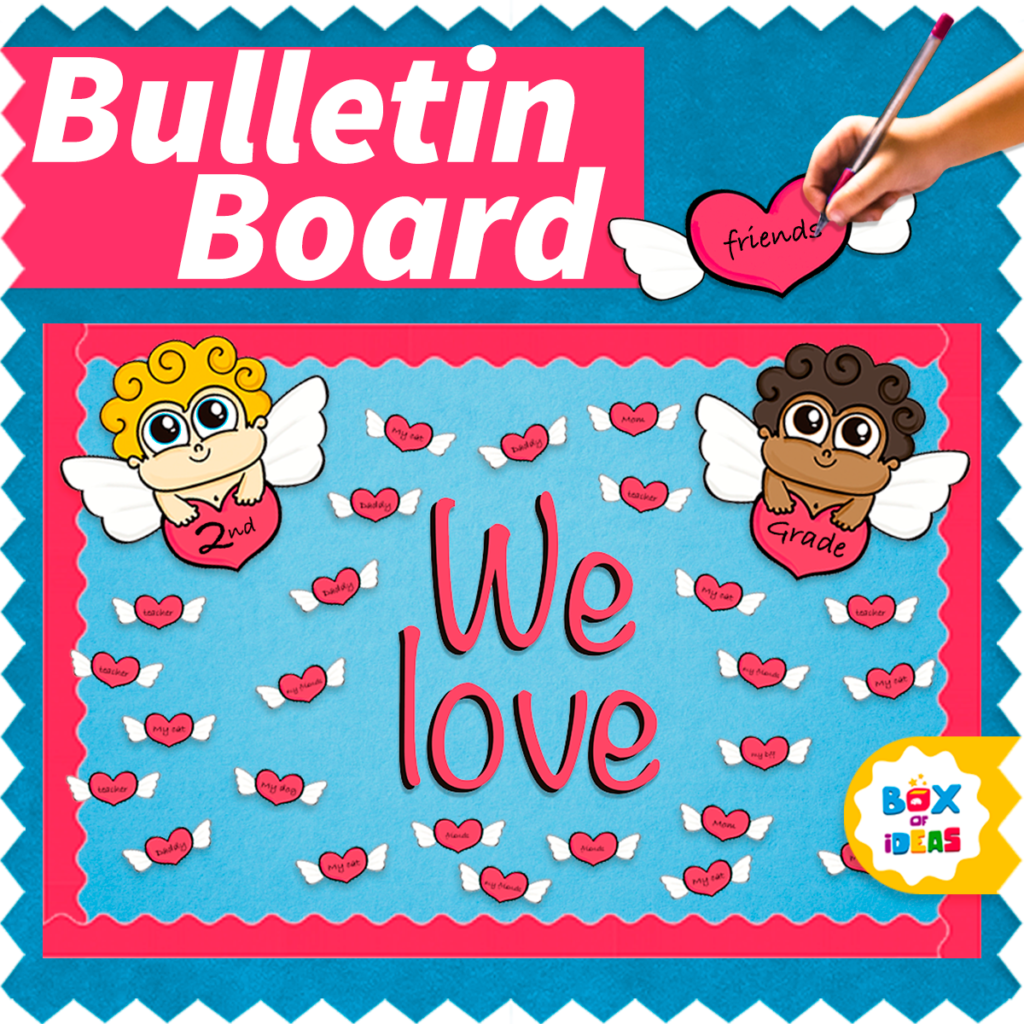 Valentine's Day bulletin board with cupids and hearts