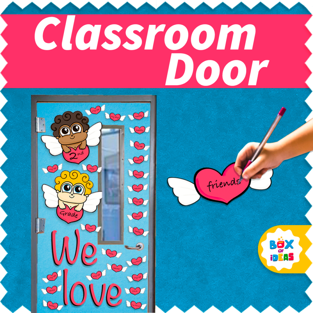 Valentine's Day classroom door decoration with cupids and hearts