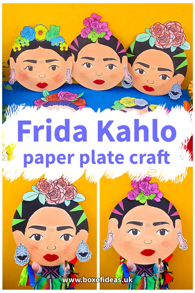 Frida Kahlo Crafts for Kids using paper plates and a template