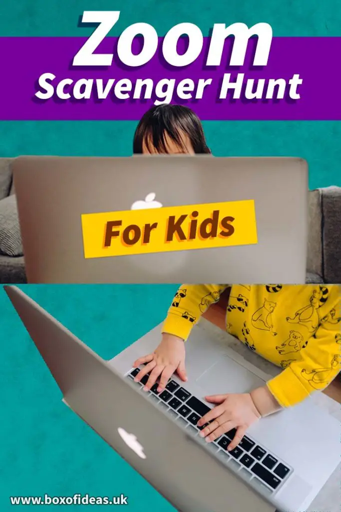 Preschool kids playing virtual scavenger hunt on zoom using a laptop