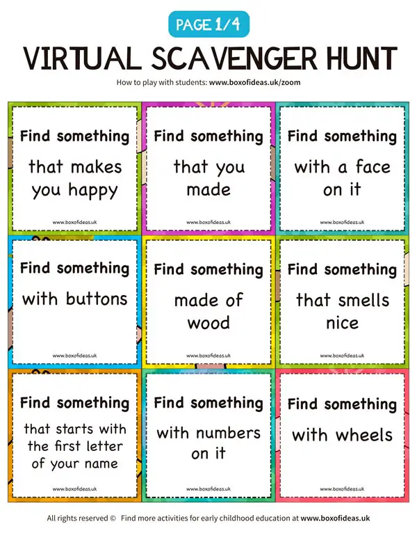 Virtual Scavenger Hunt for Kids printable with bingo-like find it cards