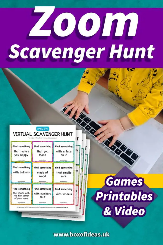 Zoom scavenger hunt Games Printable and Video with a preschooler kid typing on a laptop