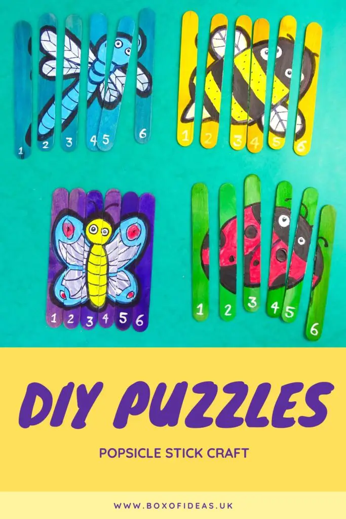 Four popsicle stick puzzle crafts with insects designs: dragonfly, bee, butterfly and ladybug.