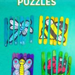 Four popsicle stick puzzles with bug designs: dragonfly, bee, butterfly and ladybug.